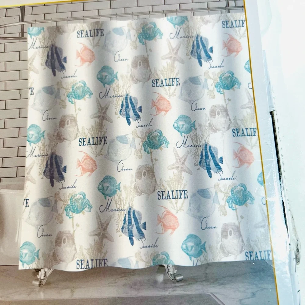 Sea Life Fish Fabric Shower Curtain Starfish Crabs Ocean Kelp Plants Tan Blue